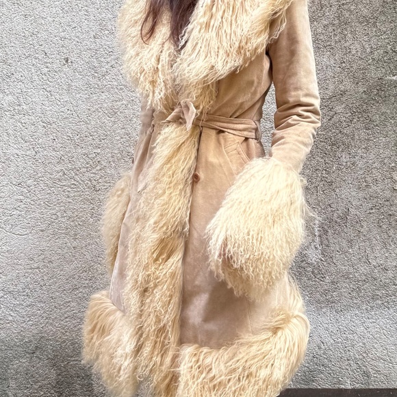 Vintage Charlotte Simone Style Mongolian Fur Afghan Coat Cream Leather S/M - Picture 2 of 5